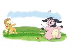 Size: 1500x1000 | Tagged: safe, artist:heir-of-rick, derpibooru import, applejack, miltank, pony, applejack's hat, cowboy hat, crossover, grass, hat, pokéball, pokémon, silly, silly pony, standing, who's a silly pony