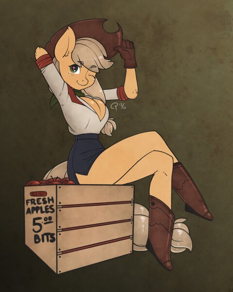 Size: 1024x1280 | Tagged: suggestive, artist:cpwny, derpibooru import, applejack, anthro, earth pony, plantigrade anthro, apple, applejack's hat, arm behind head, boots, box, breasts, busty applejack, cleavage, clothes, colored, cowboy hat, crossed legs, cute, denim skirt, female, food, freckles, gloves, hat, heart eyes, legs, looking at you, mare, moe, one eye closed, pinup, shirt, shoes, side slit, sitting, skirt, skirt lift, smiling, solo, solo female, stetson, thighs, wingding eyes, wink