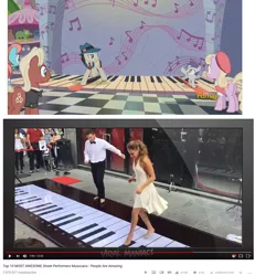 Size: 696x753 | Tagged: beaude mane, big (movie), clothes, comparison, cute, dancing, derpibooru import, discovery family logo, dress, fao schwarz, female, filly, irl, luckette, lucky breaks, musical instrument, photo, piano, piano mat, safe, screencap, strawberry ice, the gift of the maud pie, theme, theme song, tornado bolt