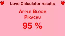 Size: 1136x640 | Tagged: apple bloom, crack shipping, crossover, crossover shipping, derpibooru import, heart, ikue otani, love calculator, meme, pikachu, pokémon, safe, shipping, text, text only, voice actor joke