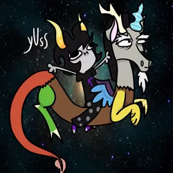 Size: 500x500 | Tagged: artist needed, crossover, derpibooru import, discord, draconequus, duo, gamzee makara, homestuck, male, riding, safe, space, starry backdrop, troll (homestuck)
