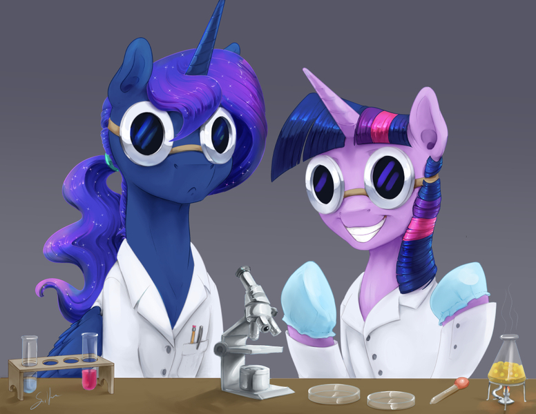 Size: 990x765 | Tagged: safe, artist:silfoe, derpibooru import, princess luna, twilight sparkle, alicorn, pony, :<, clothes, dropper, female, flask, gloves, goggles, gray background, grin, lab coat, mare, microscope, petri dish, science, simple background, smiling, table, test tube