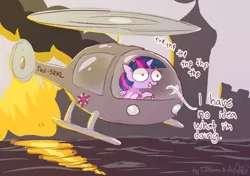 Size: 614x432 | Tagged: safe, artist:dsp2003, artist:tjpones, derpibooru import, twilight sparkle, twilight sparkle (alicorn), alicorn, pony, sparkles! the wonder horse!, castle, collaboration, colored, dialogue, female, fire, helicopter, i have no idea what i'm doing, mare, onomatopoeia, solo, this will end in death, this will end in tears, this will end in tears and/or death, water