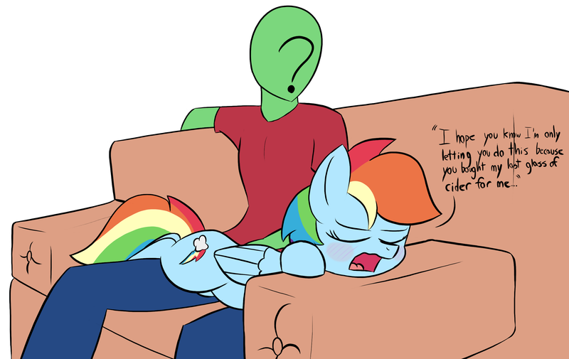 Size: 2619x1652 | Tagged: safe, artist:infrayellow, derpibooru import, rainbow dash, oc, oc:anon, human, pegasus, pony, anon's couch, blushing, couch, dialogue, eyes closed, female, mare, open mouth, petting, simple background, tsunderainbow, tsundere, white background