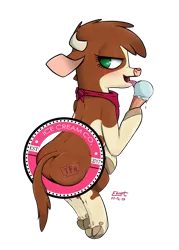 Size: 1430x2000 | Tagged: suggestive, artist:ebvert, derpibooru import, arizona cow, cow, them's fightin' herds, branding, butt, cloven hooves, community related, dairy air, food, ice cream, licking, plot, pun, simple background, suggestive eating, tongue out, transparent background