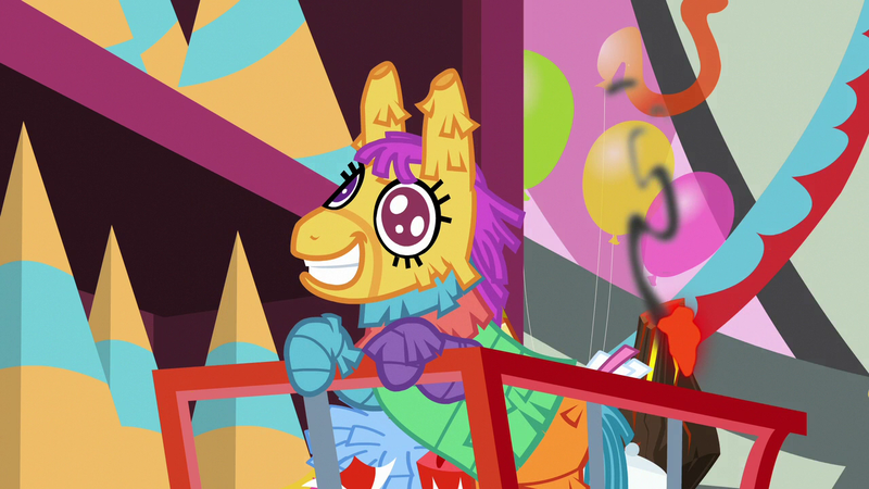 Size: 1280x720 | Tagged: derpibooru import, discordant harmony, grin, piñata, safe, screencap, shopping cart, smiling, solo, store, volcano