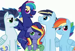 Size: 4096x2801 | Tagged: safe, artist:kindheart525, derpibooru import, rainbow dash, soarin', tank, oc, oc:firework, oc:lightning bolt, oc:paint swirl, pegasus, pony, kindverse, alternate hairstyle, family, female, male, multicolored hair, offspring, older, parent:rainbow dash, parent:soarin', parents:soarindash, rainbow hair, shipping, short hair, soarindash, straight