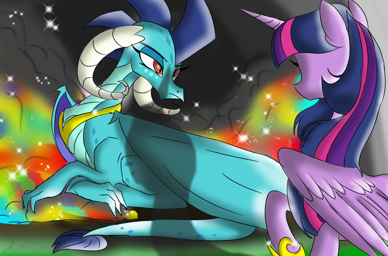 Size: 1214x800 | Tagged: safe, artist:emositecc, derpibooru import, princess ember, twilight sparkle, twilight sparkle (alicorn), alicorn, dragon, pony, dragon lord ember, dragoness, female, prone