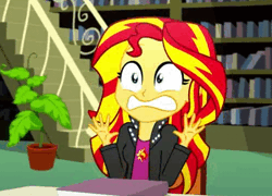 Size: 498x358 | Tagged: safe, derpibooru import, screencap, sunset shimmer, epic fails (equestria girls), eqg summertime shorts, equestria girls, animated, book, clothes, do not want, horrified, jacket, library, plant, reaction image
