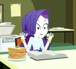 Size: 394x358 | Tagged: safe, derpibooru import, screencap, rarity, epic fails (equestria girls), eqg summertime shorts, equestria girls, animated, book, clothes, food, hand, library, sandwich