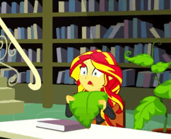 Size: 418x340 | Tagged: safe, derpibooru import, screencap, sunset shimmer, epic fails (equestria girls), eqg summertime shorts, equestria girls, animated, book, clothes, jacket, library, plant, sheet