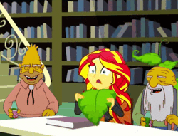 Size: 444x340 | Tagged: safe, derpibooru import, edit, edited screencap, screencap, sunset shimmer, epic fails (equestria girls), eqg summertime shorts, equestria girls, animated, book, drugs, grampa simpson, library, plant, sheet, simpsons did it, the simpsons