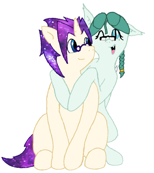 Size: 1550x1737 | Tagged: safe, artist:phonicb∞m, derpibooru import, oc, oc:cosmic latte, oc:mercy leaf, unofficial characters only, bat pony, unicorn, 2018 community collab, derpibooru community collaboration, braid, ethereal mane, galaxy mane, glasses, looking at you, one eye closed, simple background, smiling, transparent background, wink