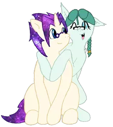 Size: 1550x1737 | Tagged: safe, artist:phonicb∞m, derpibooru import, oc, oc:cosmic latte, oc:mercy leaf, unofficial characters only, bat pony, unicorn, 2018 community collab, derpibooru community collaboration, braid, ethereal mane, galaxy mane, glasses, looking at you, one eye closed, simple background, smiling, transparent background, wink