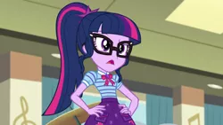 Size: 1280x720 | Tagged: safe, derpibooru import, screencap, sci-twi, twilight sparkle, equestria girls, equestria girls series, overpowered (equestria girls), canterlot high, clothes, female, geode of telekinesis, glasses, magical geodes, music room, open mouth, solo, talking