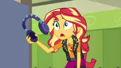 Size: 1280x720 | Tagged: safe, derpibooru import, screencap, sunset shimmer, equestria girls, equestria girls series, overpowered (equestria girls), canterlot high, clothes, door, geode of empathy, headphones, jacket, leather jacket, lockers, magical geodes, skirt, solo