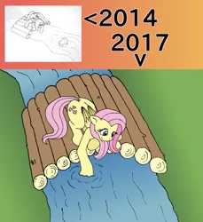 Size: 2592x2828 | Tagged: artist:phonicb∞m, bridge, comparison, derpibooru import, draw this again, fluttershy, grass, looking down, redraw, river, safe, simple background, smiling