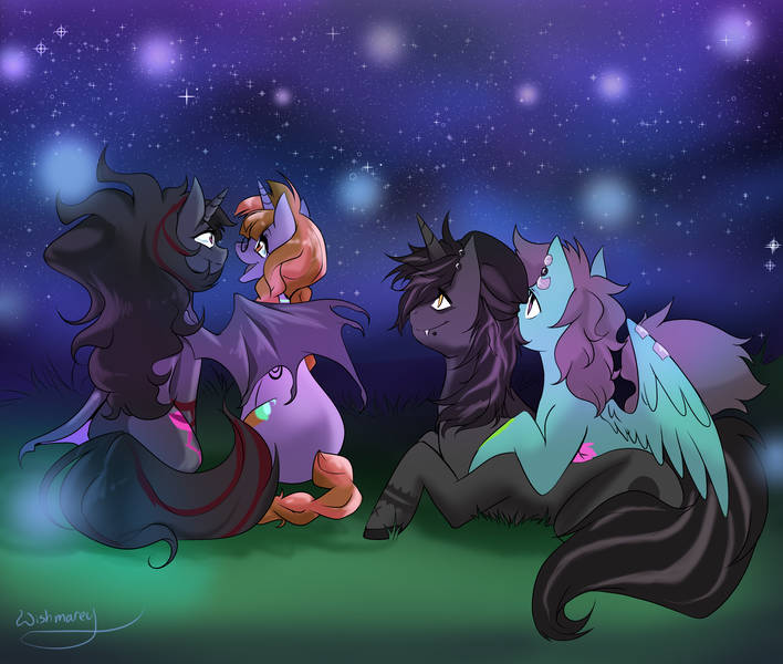 Size: 3672x3113 | Tagged: safe, artist:wishmarey, derpibooru import, oc, oc:glitter shine (ice1517), oc:night rose (ice1517), oc:nightshade eclipse, oc:sunny dew, unofficial characters only, alicorn, bat pony, bat pony alicorn, bat pony unicorn, hybrid, pegasus, pony, unicorn, wingless bat pony, alicorn oc, bat wings, beanie, cute, ear piercing, earring, eyebrow piercing, female, gay, glasses, hat, horn, hug, jewelry, lesbian, lip piercing, male, mare, night, oc x oc, open mouth, piercing, shipping, sky, stallion, stargazing, starry night, tattoo, unshorn fetlocks, wing piercing, winghug, wingless, wings