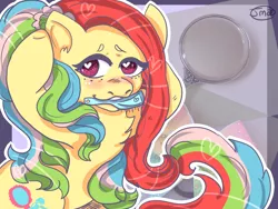 Size: 1024x768 | Tagged: safe, artist:jadedmelody613, derpibooru import, pretty vision (g1), earth pony, pony, blushing, brush, chest fluff, female, freckles, g1, hairbrush, heart eyes, looking at you, mare, multicolored hair, signature, solo, wingding eyes