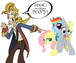 Size: 2832x2340 | Tagged: safe, artist:inkwell, derpibooru import, derpy hooves, fluttershy, rainbow dash, human, pony, 2011, crossover, derpbowshy (fusion), dialogue, fusion, guybrush threepwood, march 2011, monkey island, multiple heads, simple background, transparent background