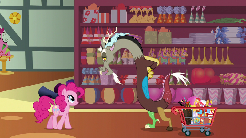 Size: 1280x720 | Tagged: safe, derpibooru import, screencap, discord, pinkie pie, draconequus, earth pony, pony, discordant harmony, duo, female, male, mare, piñata, shopping cart, store, volcano