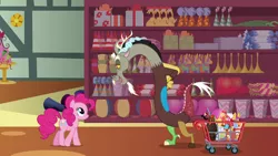 Size: 1280x720 | Tagged: safe, derpibooru import, screencap, discord, pinkie pie, draconequus, earth pony, pony, discordant harmony, duo, female, male, mare, piñata, shopping cart, store, volcano