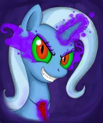 Size: 1045x1251 | Tagged: safe, artist:otakuap, derpibooru import, king sombra, trixie, pony, unicorn, bust, colored horn, curved horn, dark magic, female, horn, magic, mare, portrait, possessed, solo, sombra eyes, sombra's horn
