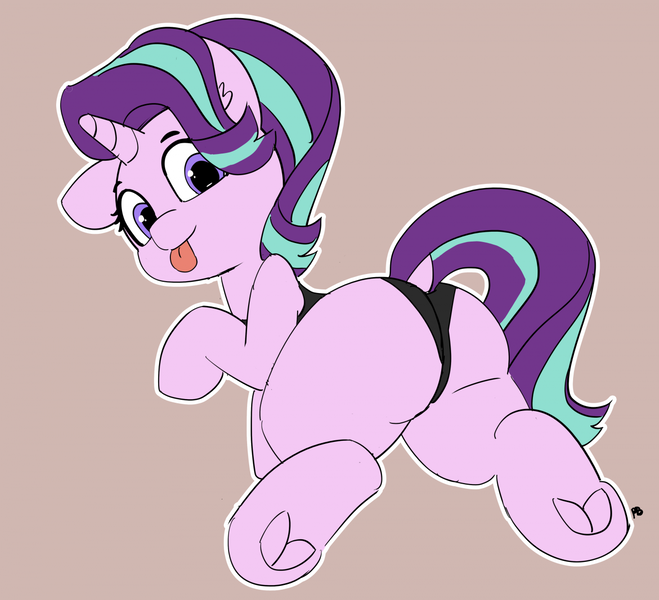 Size: 1280x1165 | Tagged: suggestive, artist:pabbley, derpibooru import, starlight glimmer, pony, unicorn, 30 minute art challenge, butt, clothes, dock, female, frog (hoof), glimmer glutes, hoofbutt, looking back, one-piece swimsuit, plot, solo, solo female, swimsuit, tongue out, underhoof