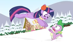 Size: 1250x750 | Tagged: alicorn, artist:dm29, catch, clothes, derpibooru import, dragon, earmuffs, imminent glomp, safe, scarf, snow, spike, twilight sparkle, twilight sparkle (alicorn), winter, wintertime