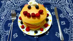 Size: 1200x675 | Tagged: a royal problem, blueberry, defictionalization, derpibooru import, food, irl, pancakes, photo, raspberry (food), safe, strawberry, whipped cream