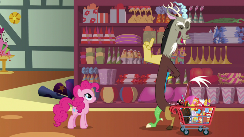 Size: 1280x720 | Tagged: safe, derpibooru import, screencap, discord, pinkie pie, draconequus, earth pony, pony, discordant harmony, duo, female, lava lamp, male, mare, piñata, rubber chicken, shopping cart, store, volcano