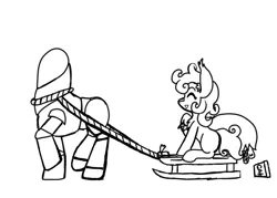 Size: 1400x1000 | Tagged: safe, artist:taletrotter, derpibooru import, oc, oc:wisp chaser, unofficial characters only, earth pony, pony, robot, fallout equestria, christmas, female, filly, hearth's warming, holiday, lineart, oops, sled, sleigh, toy