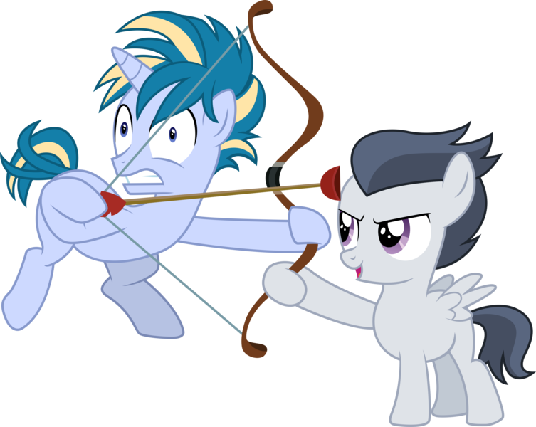 Size: 11658x9288 | Tagged: safe, artist:illumnious, derpibooru import, rumble, skeedaddle, pegasus, pony, unicorn, marks and recreation, absurd resolution, bow (weapon), colt, duo, hoof hold, male, plunger, simple background, transparent background, vector