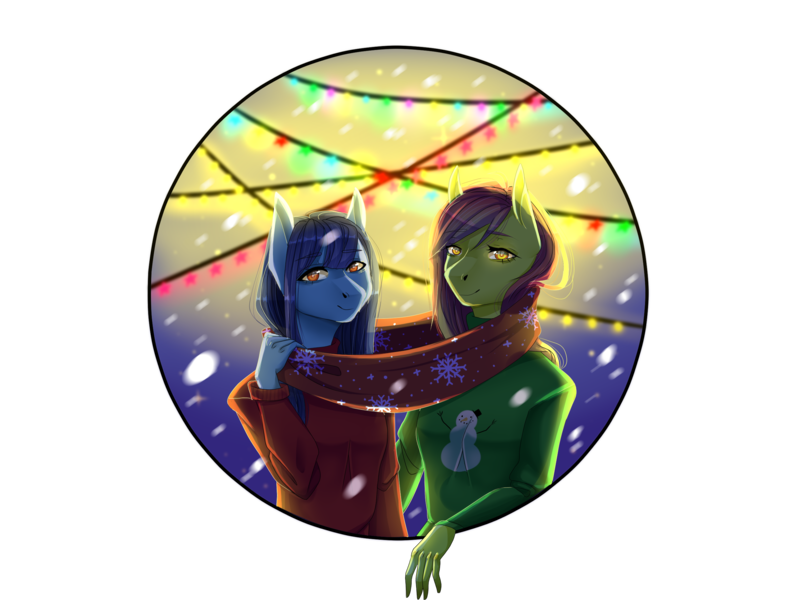 Size: 2480x1860 | Tagged: anthro, artist:maria-fly, clothes, derpibooru import, hearth's warming eve, oc, oc:artline, oc:cosmia nebula, safe, scarf, unofficial characters only