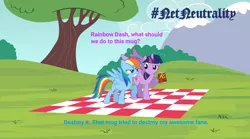 Size: 1280x714 | Tagged: ajit pai, ajit pai's mug, alicorn, derpibooru import, dialogue, net neutrality, net neutrality drama, obligatory pony, picnic mat, rainbow dash, reese's mug, safe, twilight sparkle, twilight sparkle (alicorn)