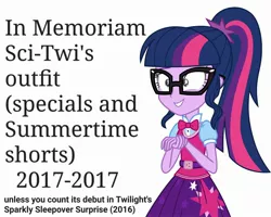 Size: 2560x2048 | Tagged: safe, artist:uponia, derpibooru import, sci-twi, twilight sparkle, equestria girls, movie magic, twilight's sparkly sleepover surprise, spoiler:eqg specials, clothes, female, glasses, grin, memorial, nervous, nervous grin, ponytail, rest in peace, simple background, skirt, smiling, solo