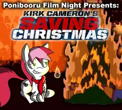 Size: 1000x900 | Tagged: artist:daisyhead, clothes, derpibooru import, fire, food, grin, hoof hold, kirk cameron's saving christmas, lidded eyes, marshmallow, oc, oc:flicker, ponibooru film night, prone, safe, scarf, smiling, unofficial characters only