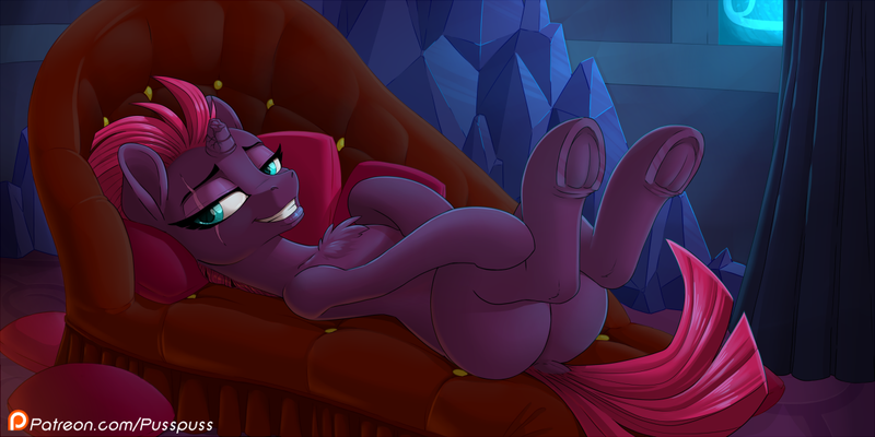 Size: 1200x600 | Tagged: suggestive, artist:pusspuss, derpibooru import, tempest shadow, pony, unicorn, my little pony: the movie, broken horn, butt, chest fluff, couch, dock, eye scar, female, frog (hoof), horn, looking at you, lying down, mare, on back, patreon, patreon logo, plot, scar, smiling, solo, solo female, underhoof