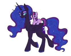 Size: 950x747 | Tagged: safe, artist:lulubell, derpibooru import, nightmare moon, princess luna, twilight sparkle, pony, unicorn, fanfic, fanfic:the moon's apprentice, alternate universe, cute, duo, fanfic art, female, filly, filly twilight sparkle, mare, nightmare luna, ponies riding ponies, riding, simple background, smol, teacher and student, transparent background, twiabetes, unicorn twilight, unshorn fetlocks, younger