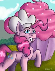 Size: 1020x1300 | Tagged: safe, artist:katrina-mae, derpibooru import, pinkie pie, earth pony, pony, chef's hat, cupcake, female, food, giant cupcake, hat, mare, raised hoof, solo