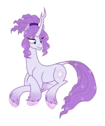 Size: 1024x1225 | Tagged: safe, artist:smallbluetiger, derpibooru import, tree of harmony, oc, oc:harmony (heilos), ponified, classical unicorn, pony, unicorn, cloven hooves, flower, flower in hair, leonine tail, lying down, simple background, smiling, solo, transparent background, unshorn fetlocks
