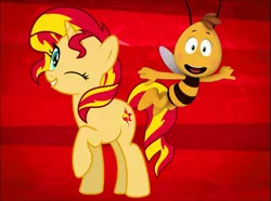 Size: 1033x768 | Tagged: bee, derpibooru import, insect, maya the bee, one eye closed, raised hoof, rebecca shoichet, safe, sunset shimmer, voice actor joke, waving, willy (maya the bee), wink