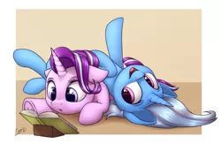 Size: 2529x1651 | Tagged: safe, artist:deltauraart, derpibooru import, starlight glimmer, trixie, pony, unicorn, book, cute, diatrixes, duo, female, frog (hoof), glimmerbetes, horn, mare, on back, open mouth, reading, smiling, underhoof