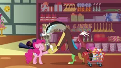 Size: 1280x720 | Tagged: safe, derpibooru import, screencap, discord, pinkie pie, draconequus, earth pony, pony, discordant harmony, duo, eyes closed, female, handshake, male, mare, piñata, rubber chicken, shopping cart, store, volcano