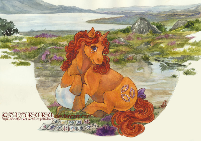 Size: 800x562 | Tagged: safe, artist:coldruru, derpibooru import, gypsy (g1), unicorn, bow, card, crystal ball, cute, fortune teller, g1, heather, inktober, inktober 2017, inlet, river, scenery, tail bow, traditional art