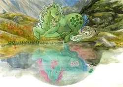 Size: 800x562 | Tagged: safe, artist:coldruru, derpibooru import, minty, minty (g1), pony, altered reflection, bow, cave, cave pool, g1, g3, g3 to g1, generation leap, inktober, inktober 2017, mountain, pond, reflection, scenery, tail bow, traditional art, water