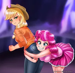 Size: 1000x977 | Tagged: applebutt, applejack, applejack is not amused, applejack's hat, artist:racoonsan, ass, blushing, breasts, butt, butthug, butt touch, clothes, cowboy hat, derpibooru import, faceful of ass, female, frown, grin, hat, hug, human, humanized, pants, pinkie hugging applejack's butt, pinkie pie, safe, scene interpretation, shadow play, skirt, smiling, stetson, unamused