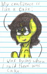 Size: 1553x2423 | Tagged: safe, artist:binary6, derpibooru import, oc, oc:happy wigglesworth, unofficial characters only, unicorn, confidence, freckles, glasses, joke, lined paper, portal (valve), portal 2, reference, solo, the cake is a lie, traditional art