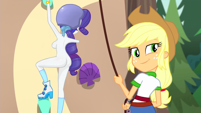 Size: 1280x720 | Tagged: questionable, derpibooru import, edit, edited edit, edited screencap, editor:slayerbvc, screencap, applejack, rarity, equestria girls, legend of everfree, applejack's hat, ass, boots, breasts, butt, casual nudity, clothed female nude female, clothes, cowboy hat, female, hat, helmet, high heel boots, nude edit, nudity, rapeface, rearity, rock climbing, shoes, shoes only, sideboob