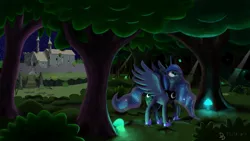 Size: 2048x1152 | Tagged: safe, artist:darkdabula, derpibooru import, princess luna, alicorn, firefly (insect), insect, pony, castle of the royal pony sisters, forest, glowing mushroom, mushroom, night, solo, tree, wood